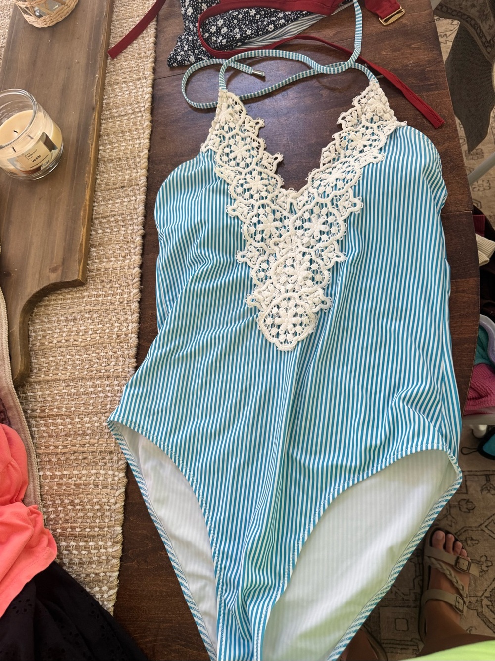 Crochet-Trim Striped One-Piece Swimsuit - Blue/White